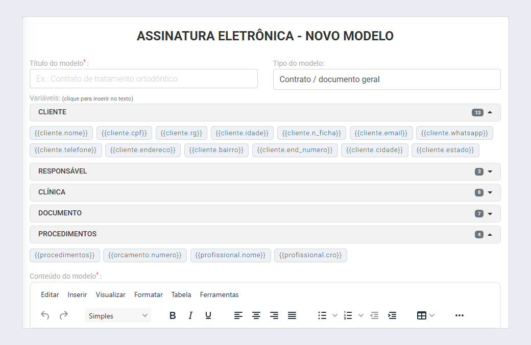 Editor de modelo com o tipo e as variáveis