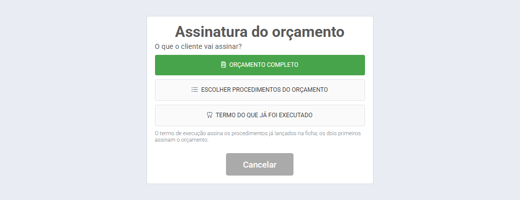 Opções de assinatura do orçamento