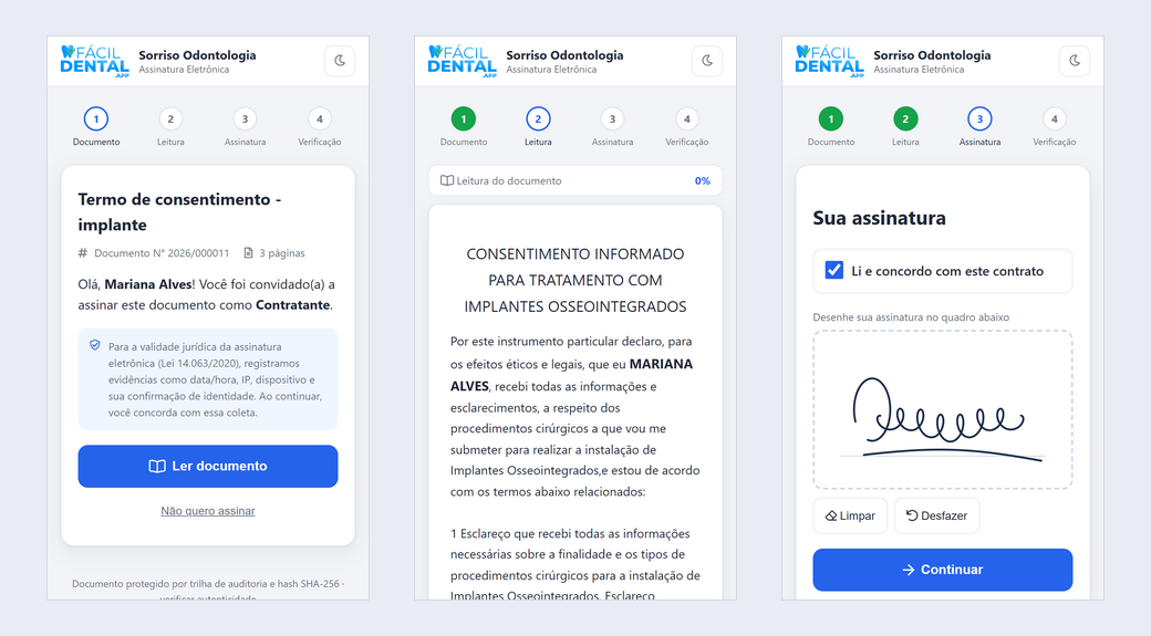 Etapas Documento, Leitura e Assinatura no celular do paciente