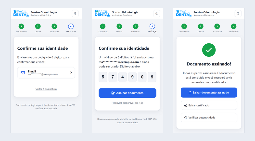 Confirmação por código e documento assinado no celular do paciente