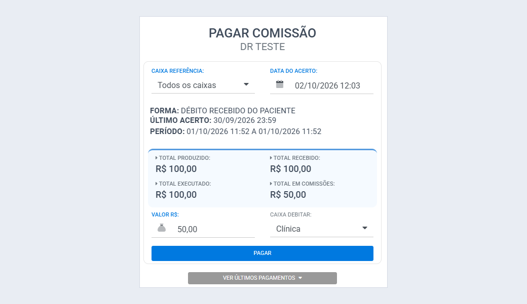 Tela Pagar comissão