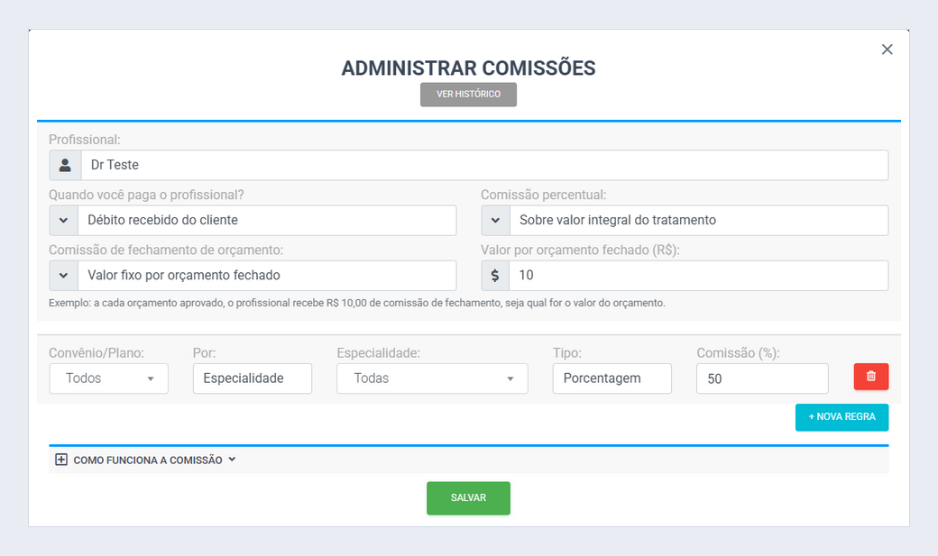 Tela Administrar comissões