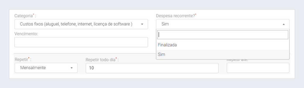 Edição da regra com as opções Finalizada e Sim em Despesa recorrente