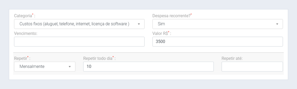 Nova despesa com Despesa recorrente marcada como Sim, repetindo mensalmente todo dia 10