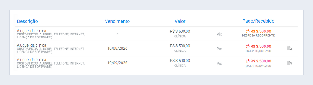 Lista de movimentações com dois lançamentos pagos e a regra recorrente em laranja