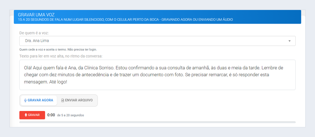 Card Gravar uma voz com a pessoa escolhida, o texto para ler e o botão Gravar