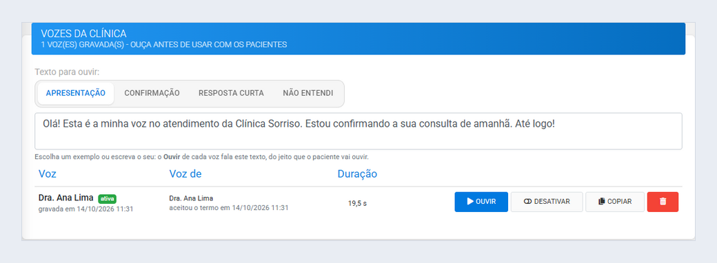 Lista de vozes da clínica com a voz ativa e os botões Ouvir, Desativar e Copiar